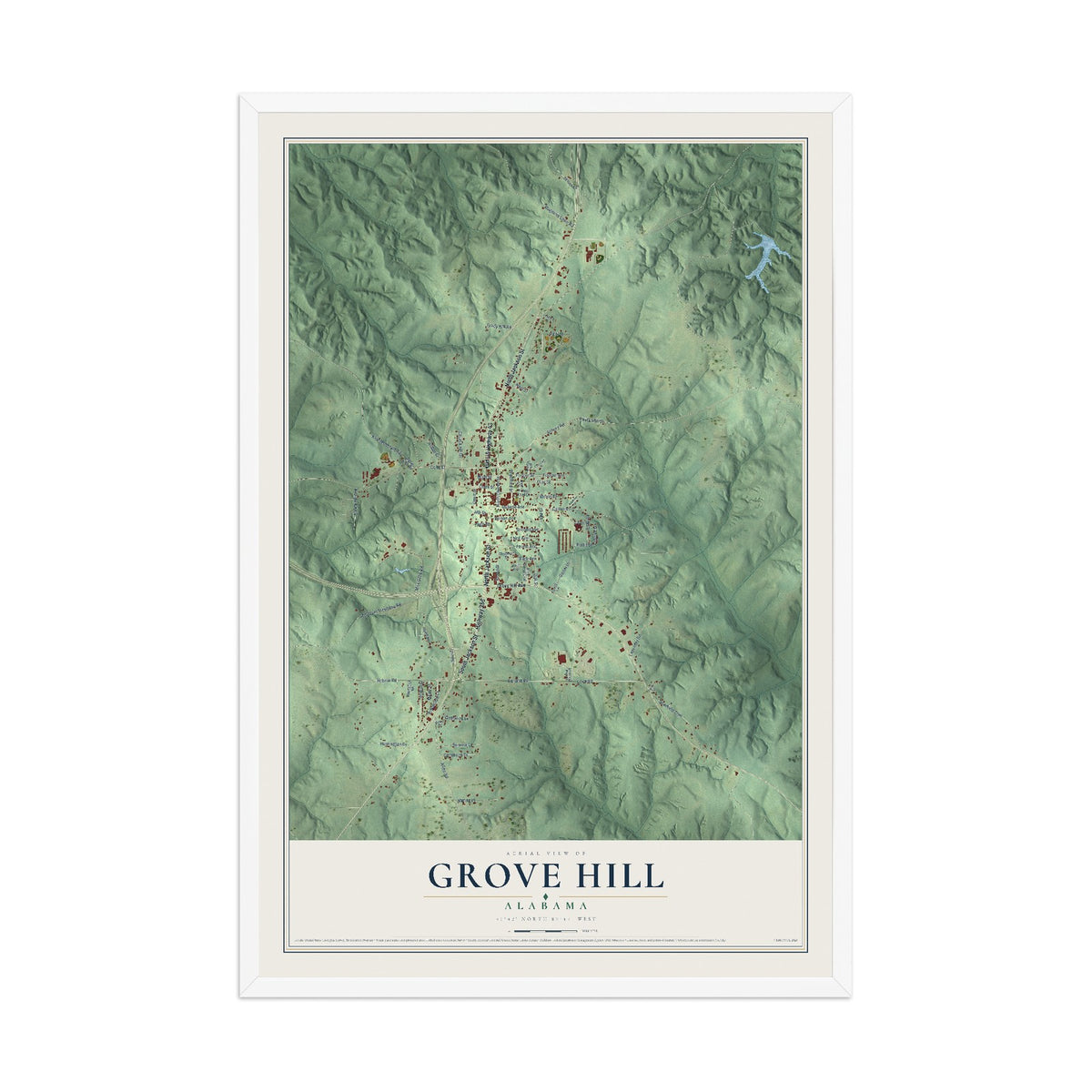 Map of Grove Hill, Alabama, 12 x 18 inch print in a white wood frame