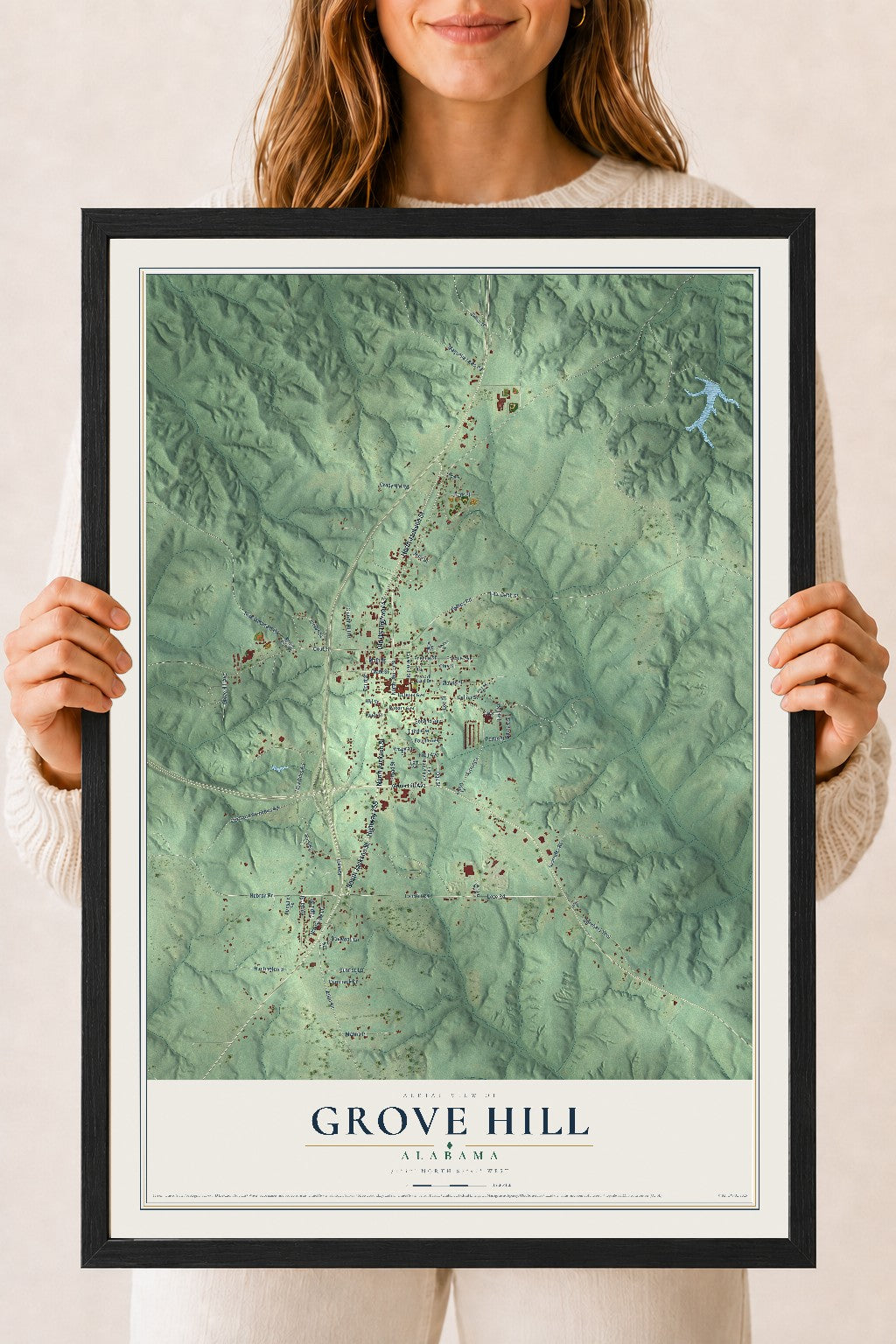 Map of Grove Hill, Alabama, 18 x 24 inch print in a black wood frame