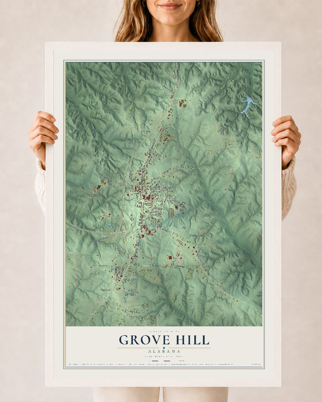 Map of Grove Hill, Alabama, 24 x 36 inch print in a white wood frame