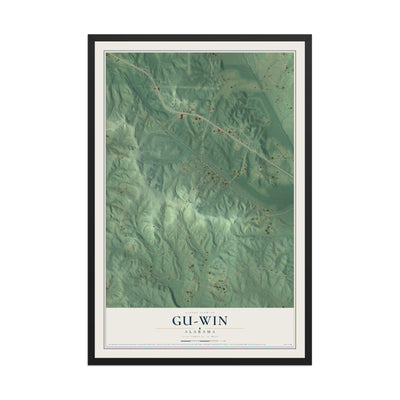 Map of Gu-Win, Alabama, 12 x 18 inch print in a black wood frame