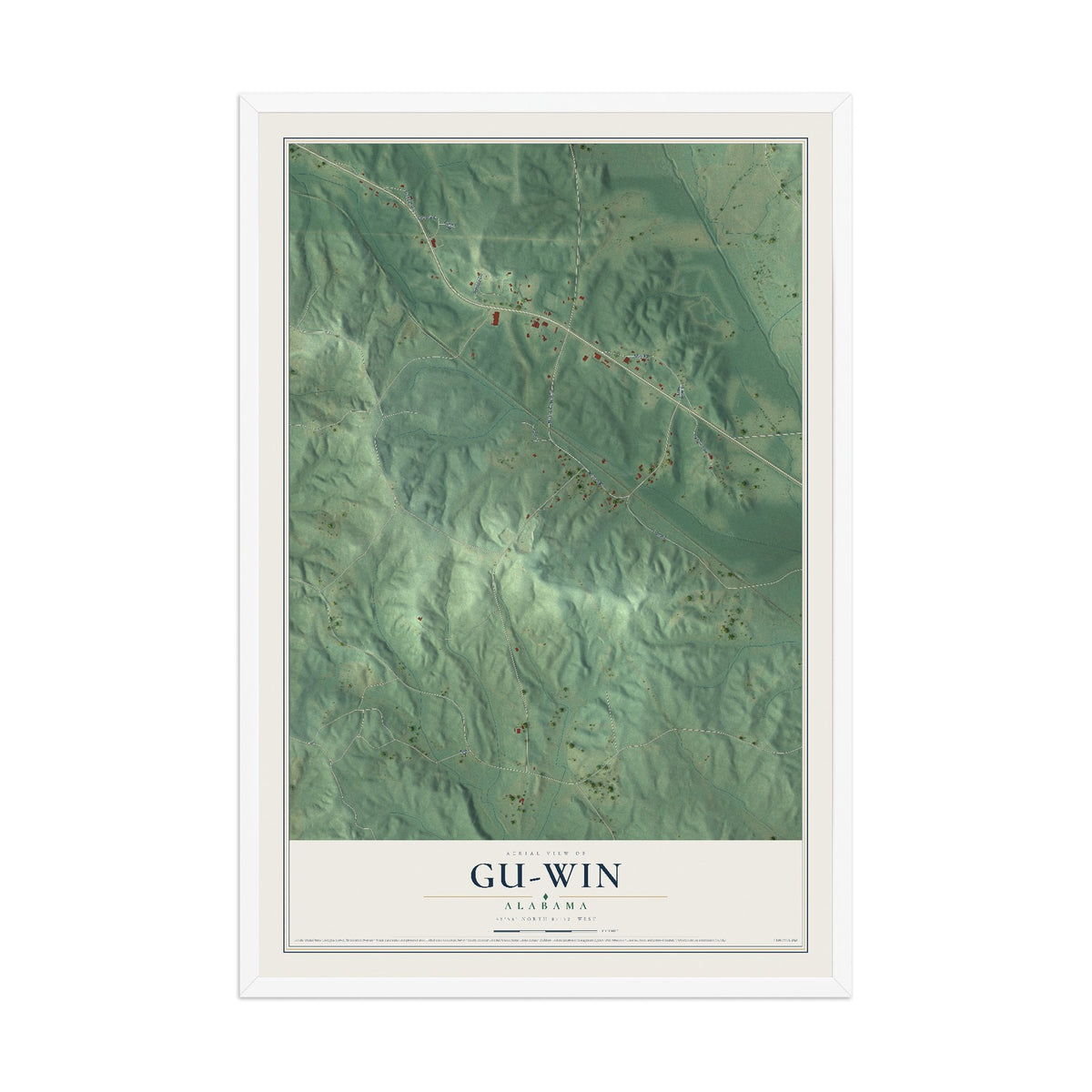 Map of Gu-Win, Alabama, 12 x 18 inch print in a white wood frame