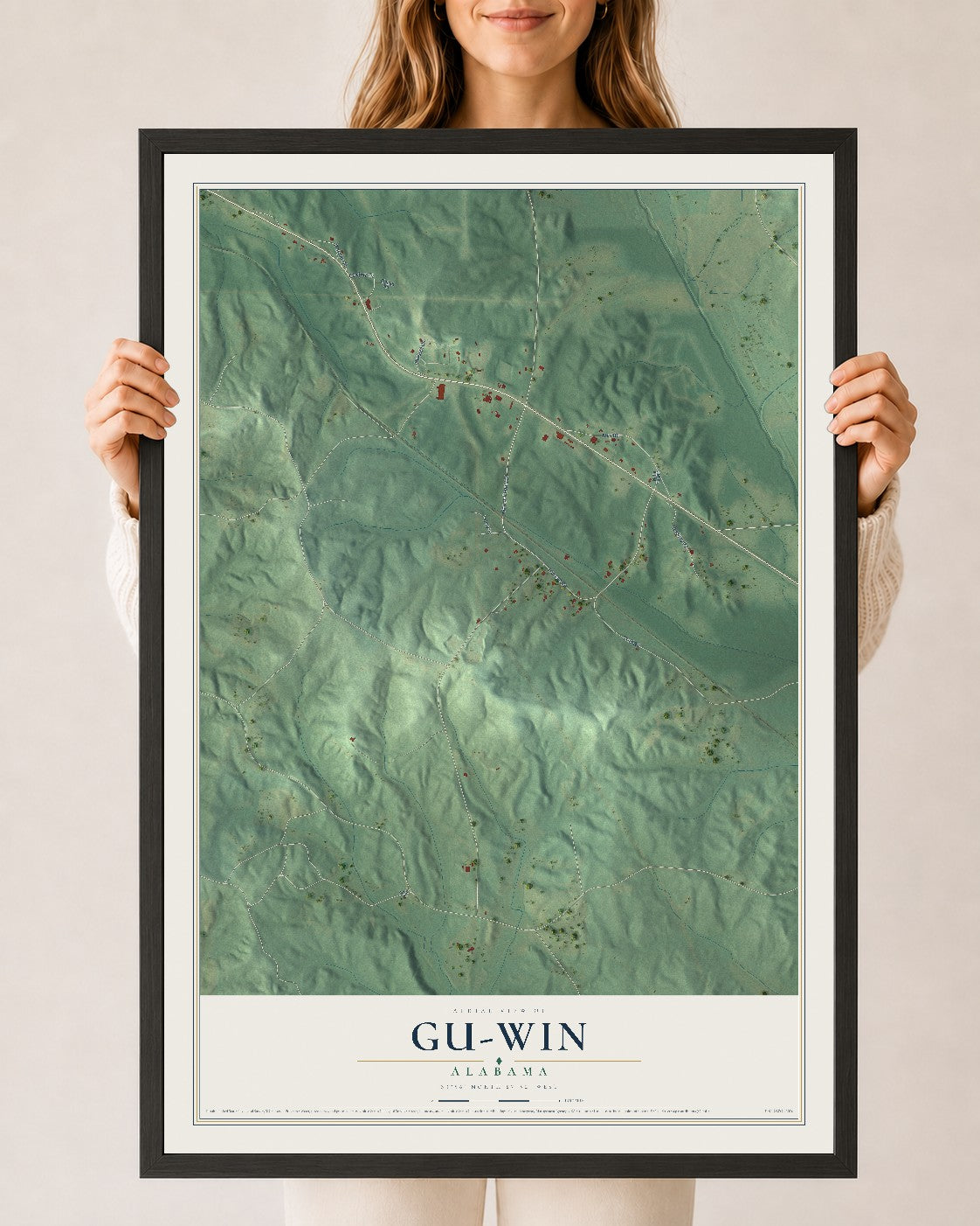 Map of Gu-Win, Alabama, 24 x 36 inch print in a black wood frame