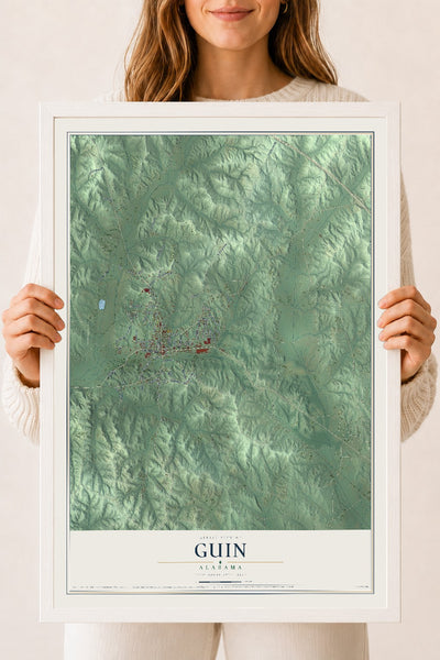 Map of Guin, Alabama, 18 x 24 inch print in a white wood frame