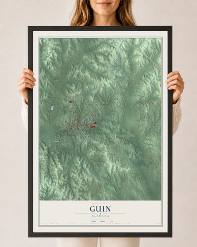 Map of Guin, Alabama, 24 x 36 inch print in a black wood frame