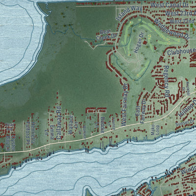 Second close-up of the map of Gulf Shores, Alabama print showing more streets and buildings
