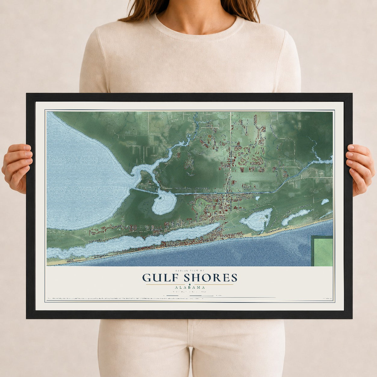 Map of Gulf Shores, Alabama, 12 x 18 inch print in a black wood frame
