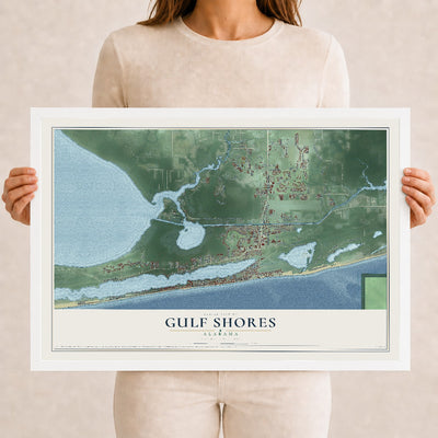 Map of Gulf Shores, Alabama, 12 x 18 inch print in a white wood frame