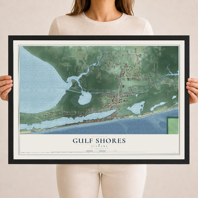 Map of Gulf Shores, Alabama, 18 x 24 inch print in a black wood frame