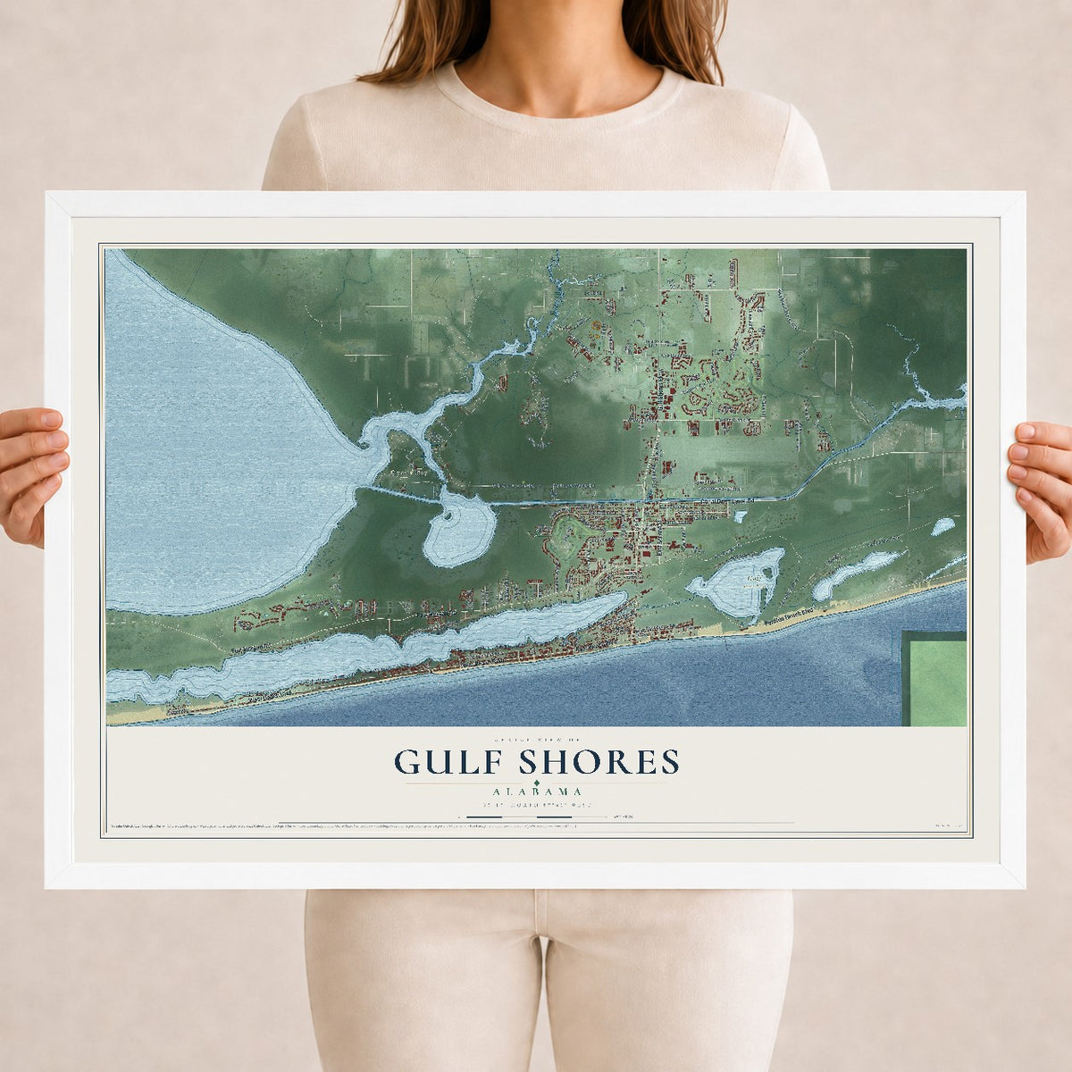 Map of Gulf Shores, Alabama, 18 x 24 inch print in a white wood frame