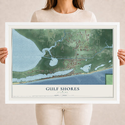 Map of Gulf Shores, Alabama, 18 x 24 inch print in a white wood frame