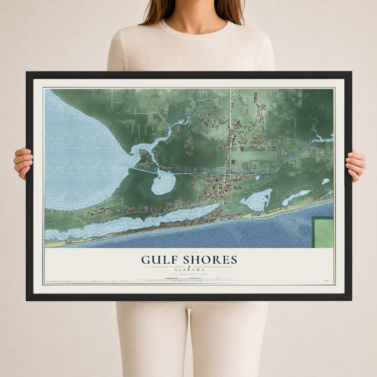 Map of Gulf Shores, Alabama, 24 x 36 inch print in a black wood frame