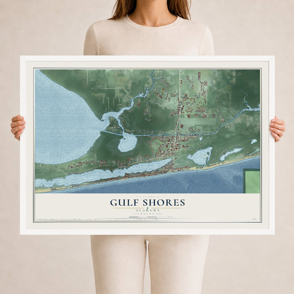 Map of Gulf Shores, Alabama, 24 x 36 inch print in a white wood frame