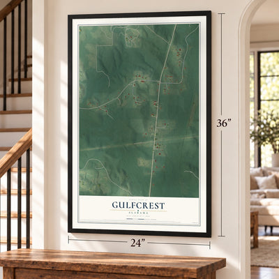 Gulfcrest, Alabama map, 24 x 36 inch print in a black frame by a staircase