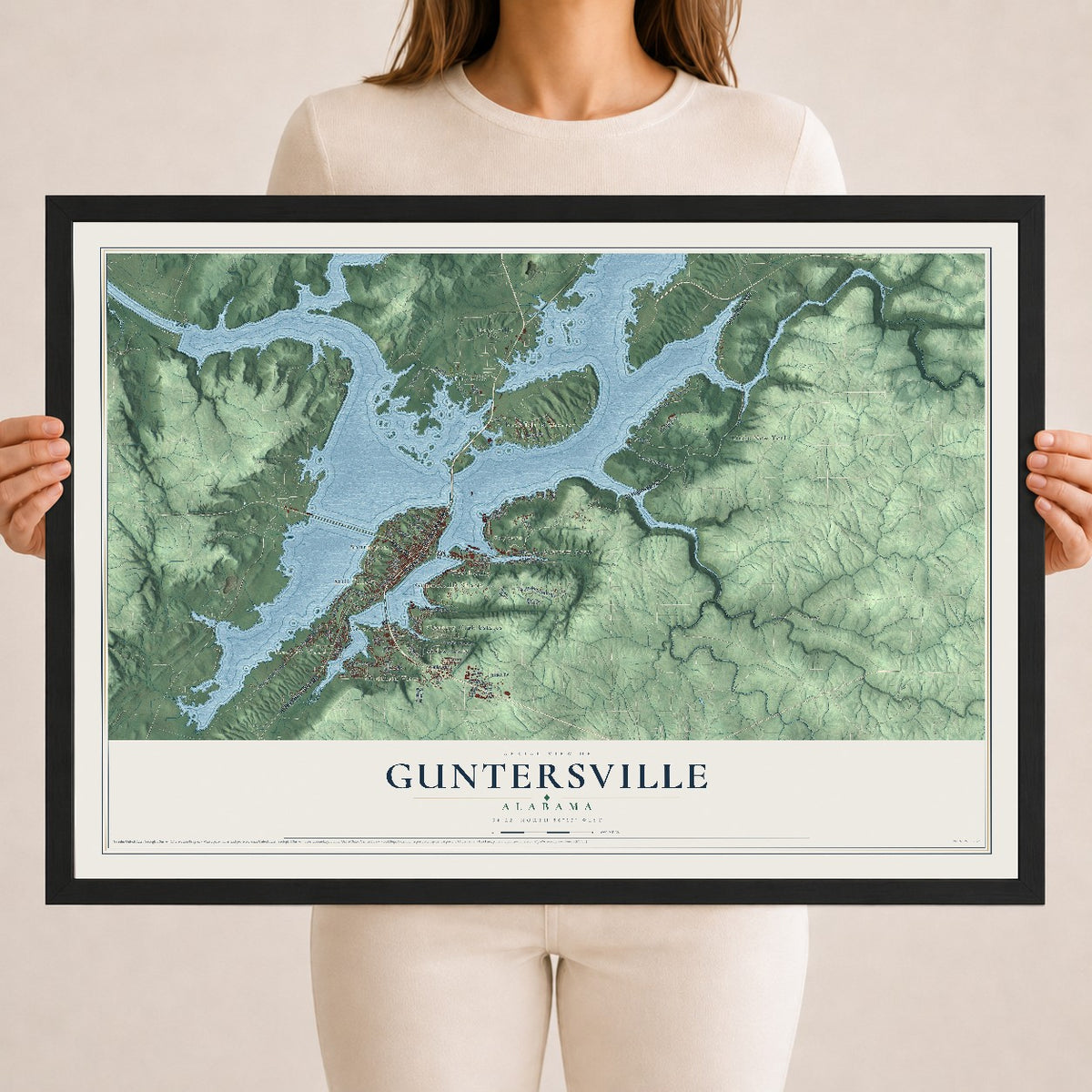 Map of Guntersville, Alabama, 18 x 24 inch print in a black wood frame