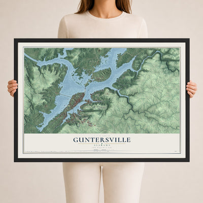 Map of Guntersville, Alabama, 24 x 36 inch print in a black wood frame