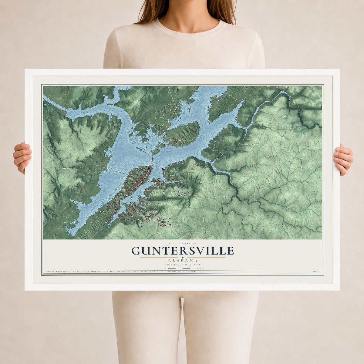Map of Guntersville, Alabama, 24 x 36 inch print in a white wood frame