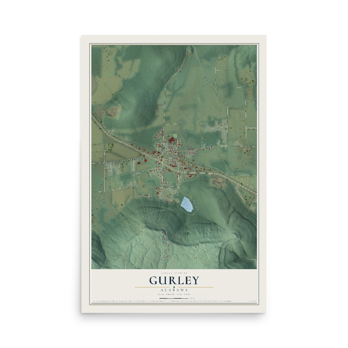 Map of Gurley, Alabama, 12 x 18 inch unframed archival matte print