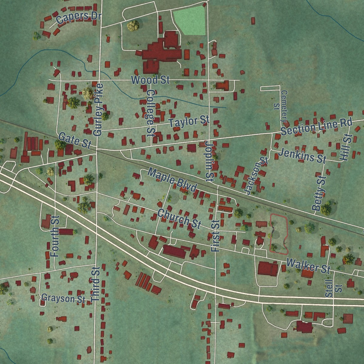 Close-up of the map of Gurley, Alabama print showing street and building detail
