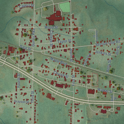 Close-up of the map of Gurley, Alabama print showing street and building detail