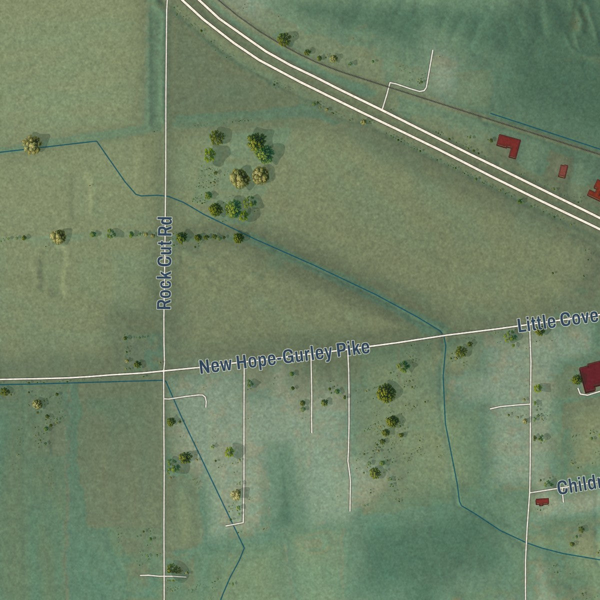 Second close-up of the map of Gurley, Alabama print showing more streets and buildings