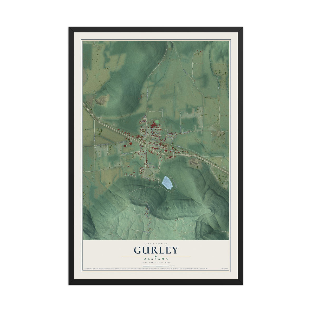 Map of Gurley, Alabama, 12 x 18 inch print in a black wood frame