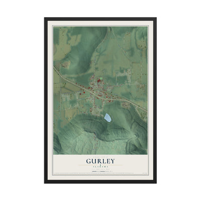Map of Gurley, Alabama, 12 x 18 inch print in a black wood frame