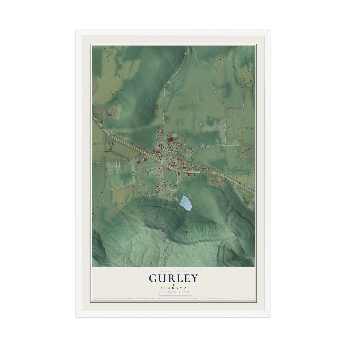 Map of Gurley, Alabama, 12 x 18 inch print in a white wood frame