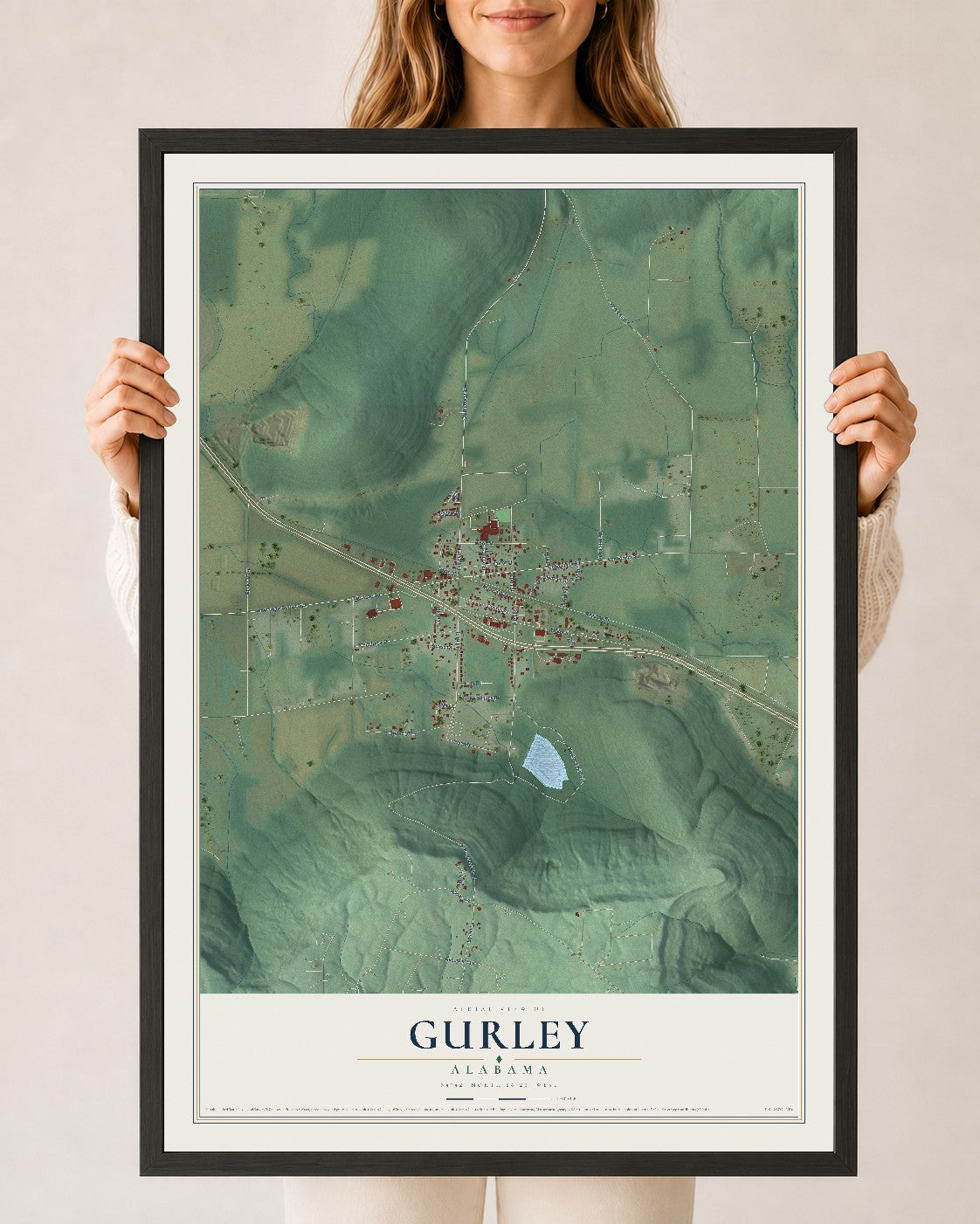 Map of Gurley, Alabama, 24 x 36 inch print in a black wood frame