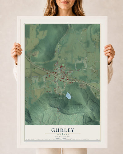 Map of Gurley, Alabama, 24 x 36 inch print in a white wood frame