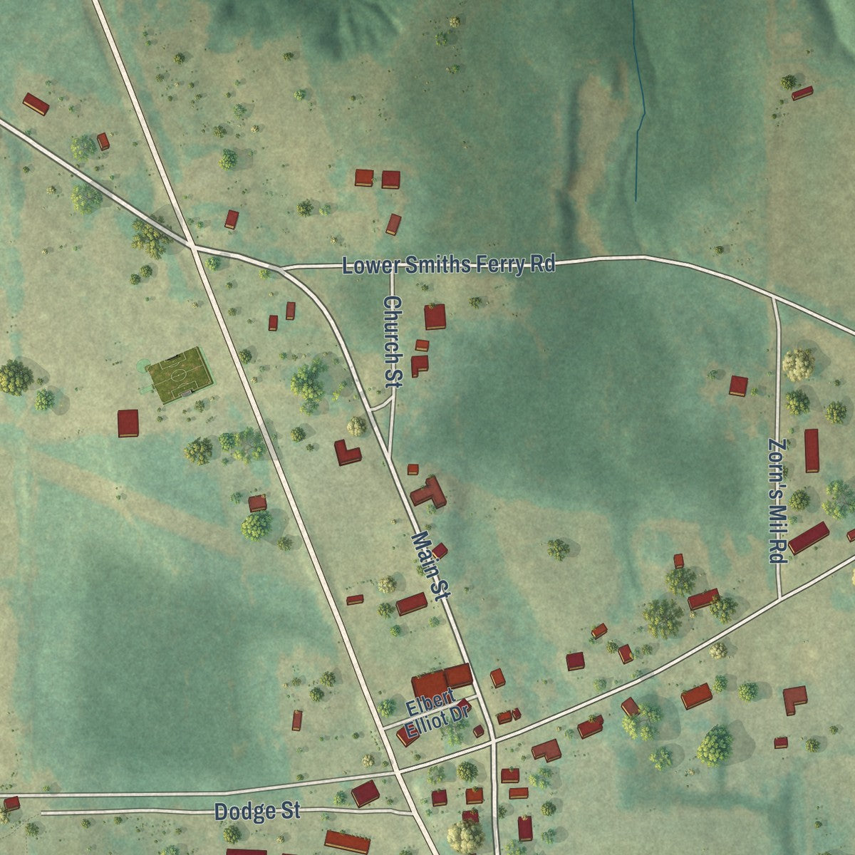 Close-up of the map of Haleburg, Alabama print showing street and building detail