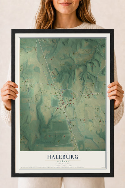 Map of Haleburg, Alabama, 18 x 24 inch print in a black wood frame