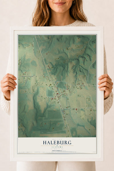 Map of Haleburg, Alabama, 18 x 24 inch print in a white wood frame