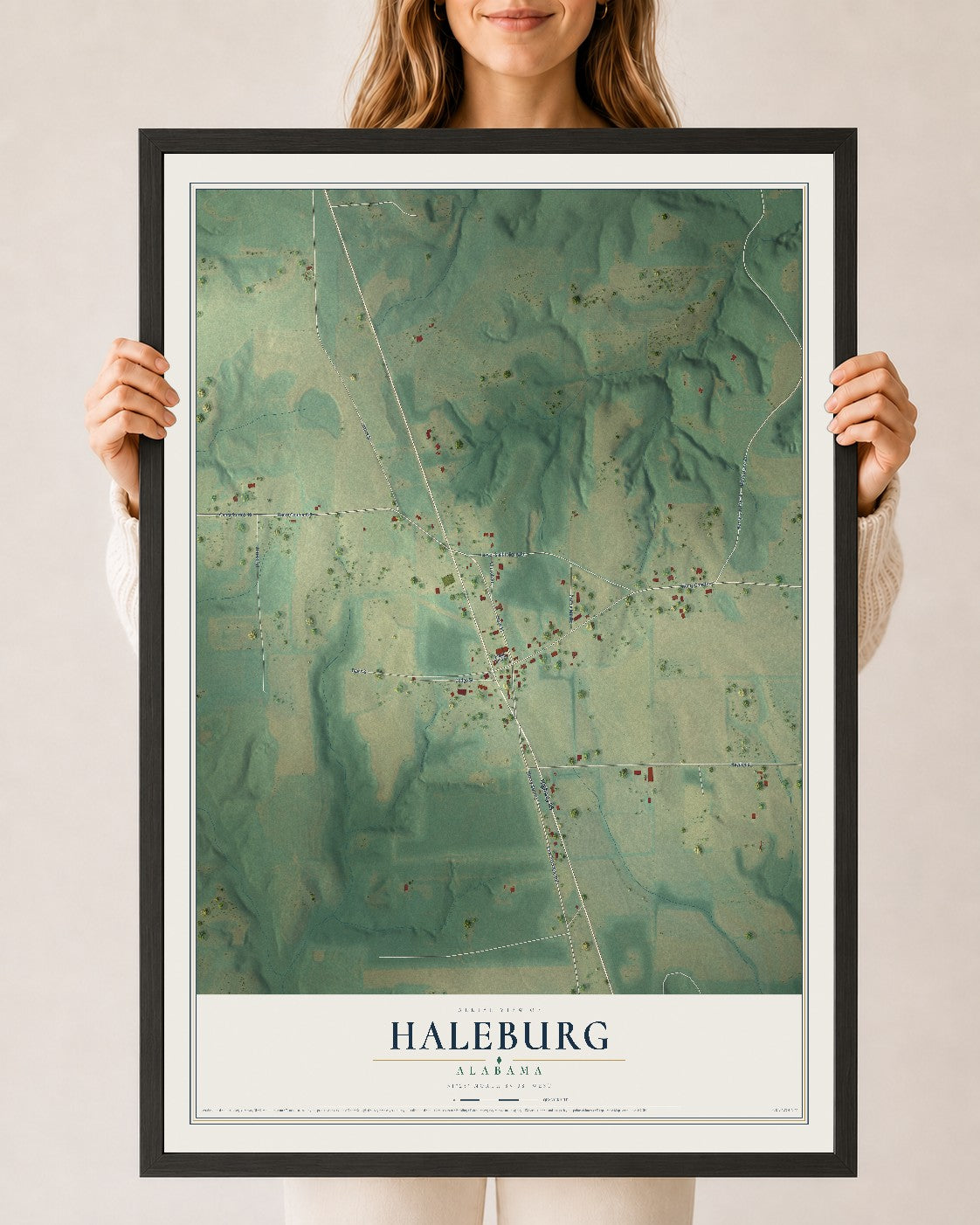 Map of Haleburg, Alabama, 24 x 36 inch print in a black wood frame