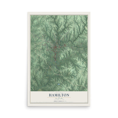 Map of Hamilton, Alabama, 12 x 18 inch unframed archival matte print