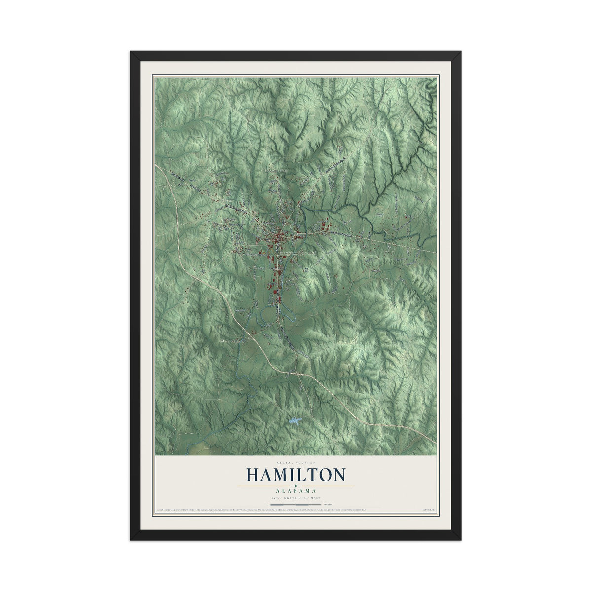 Map of Hamilton, Alabama, 12 x 18 inch print in a black wood frame