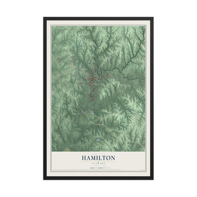 Map of Hamilton, Alabama, 12 x 18 inch print in a black wood frame