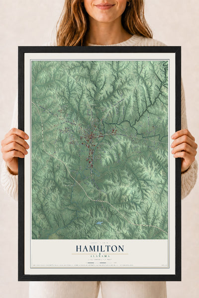 Map of Hamilton, Alabama, 18 x 24 inch print in a black wood frame