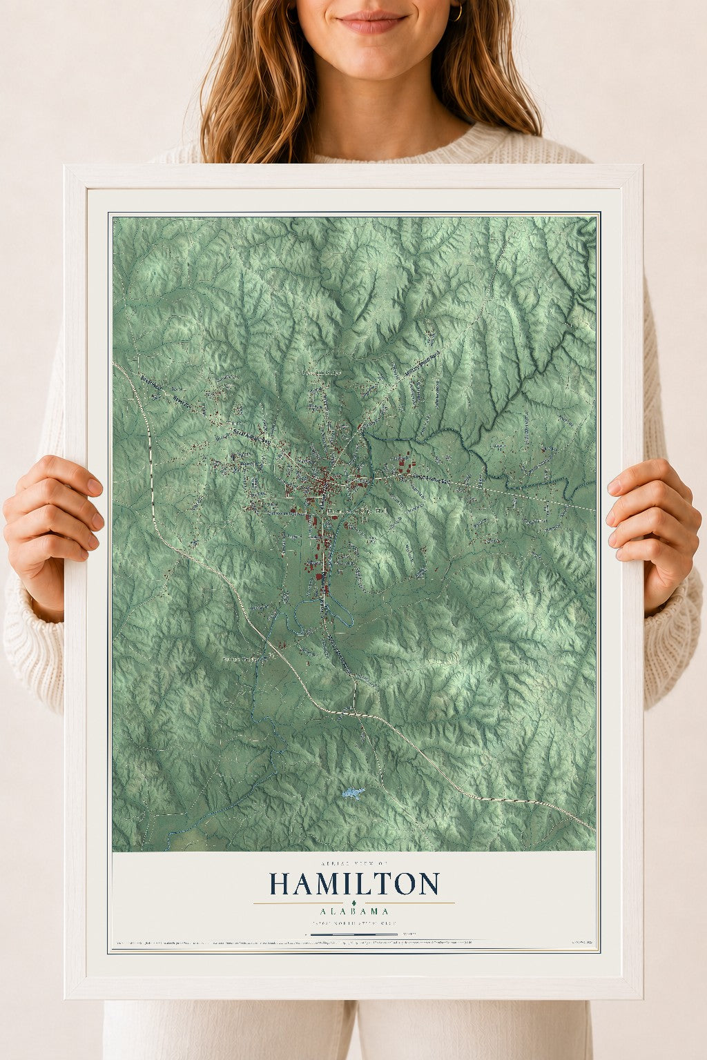 Map of Hamilton, Alabama, 18 x 24 inch print in a white wood frame