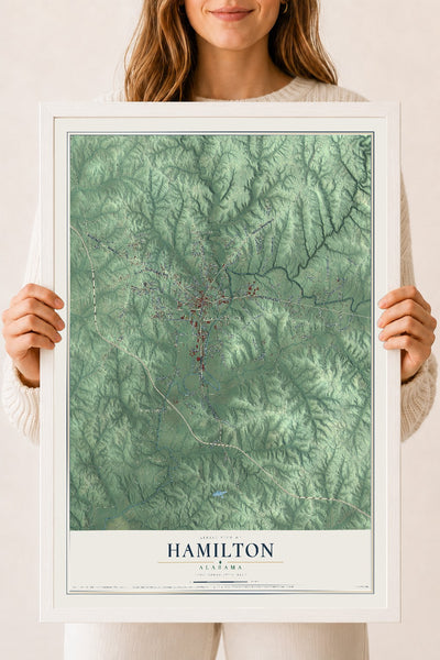 Map of Hamilton, Alabama, 18 x 24 inch print in a white wood frame