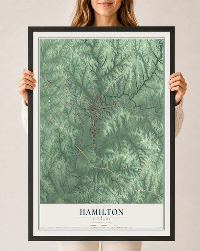 Map of Hamilton, Alabama, 24 x 36 inch print in a black wood frame