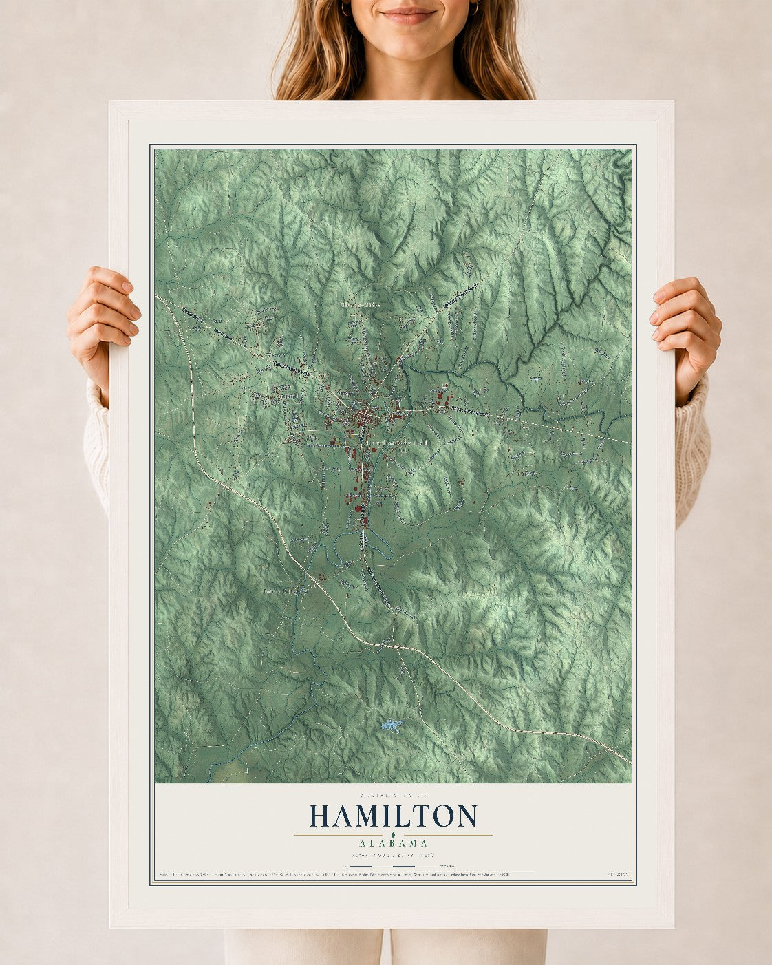 Map of Hamilton, Alabama, 24 x 36 inch print in a white wood frame