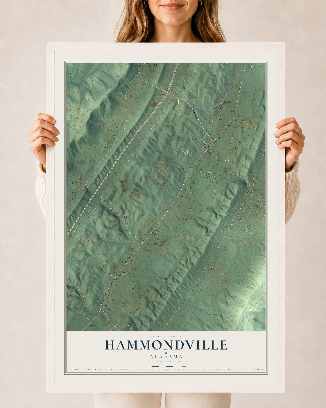 Map of Hammondville, Alabama, 24 x 36 inch print in a white wood frame