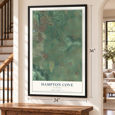Hampton Cove, Alabama map, 24 x 36 inch print in a black frame by a staircase