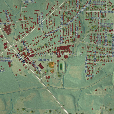 Close-up of the map of Hanceville, Alabama print showing street and building detail