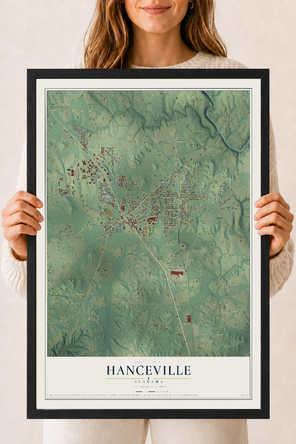 Map of Hanceville, Alabama, 18 x 24 inch print in a black wood frame