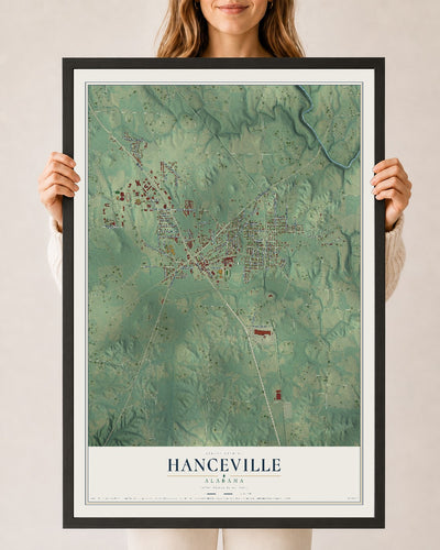Map of Hanceville, Alabama, 24 x 36 inch print in a black wood frame