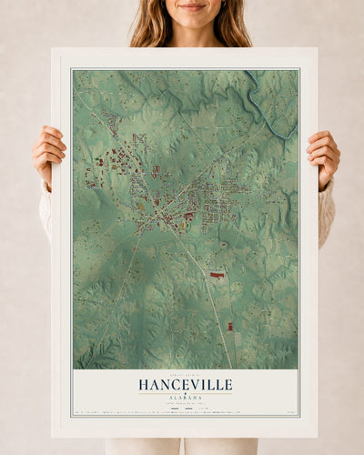 Map of Hanceville, Alabama, 24 x 36 inch print in a white wood frame