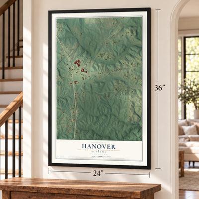 Hanover, Alabama map, 24 x 36 inch print in a black frame by a staircase
