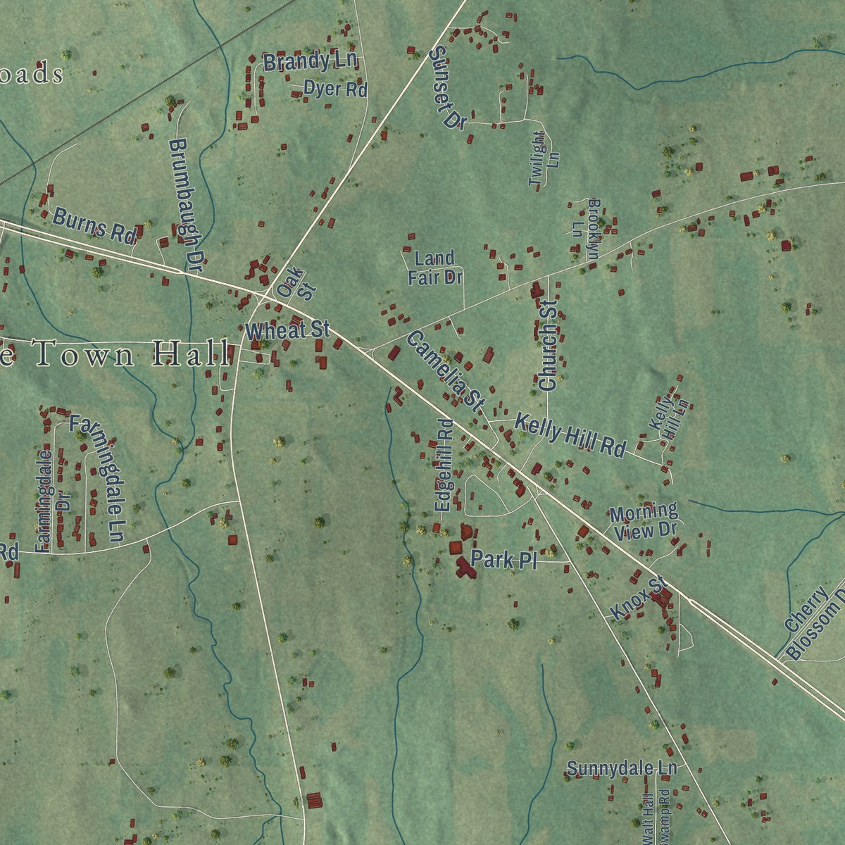 Second close-up of the map of Harpersville, Alabama print showing more streets and buildings