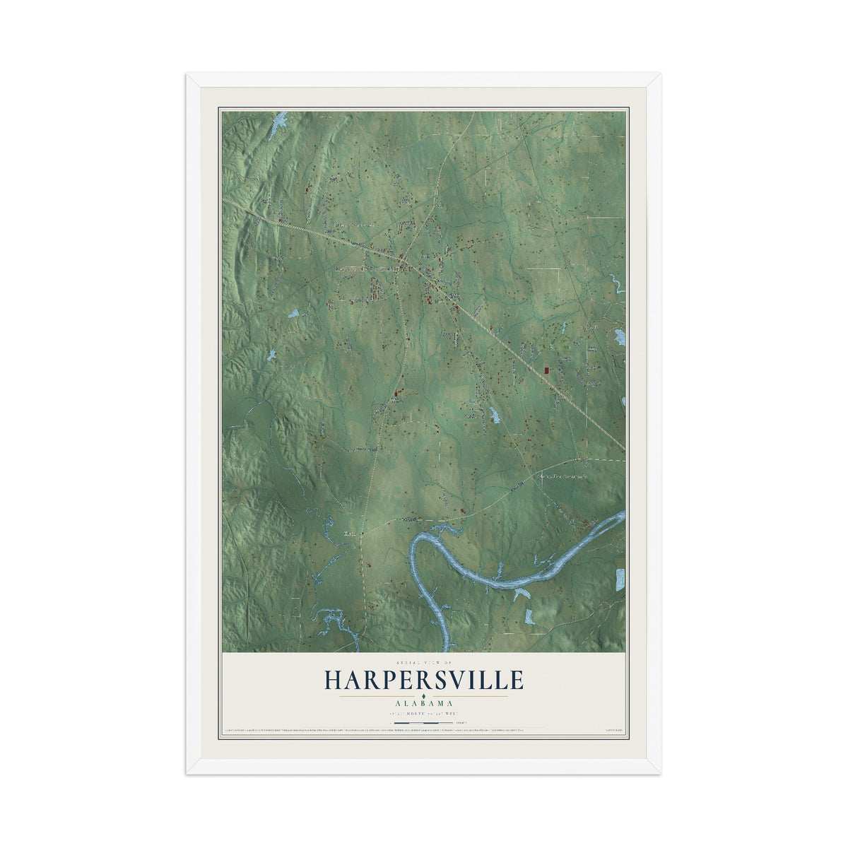 Map of Harpersville, Alabama, 12 x 18 inch print in a white wood frame